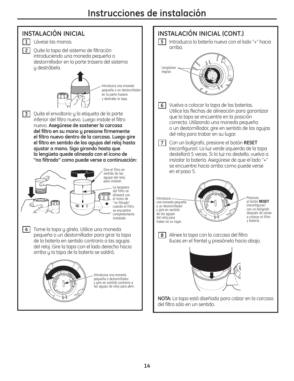 Instrucciones de instalación, Instalación inicial (cont.), Instalación inicial | GE GXFM07HBL User Manual | Page 14 / 20