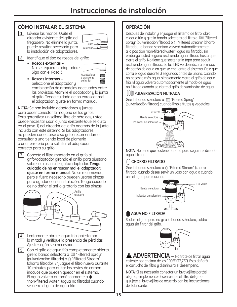 Instrucciones de instalación, Advertencia, Cómo instalar el sistema | Operación | GE GXFM07HBL User Manual | Page 15 / 20