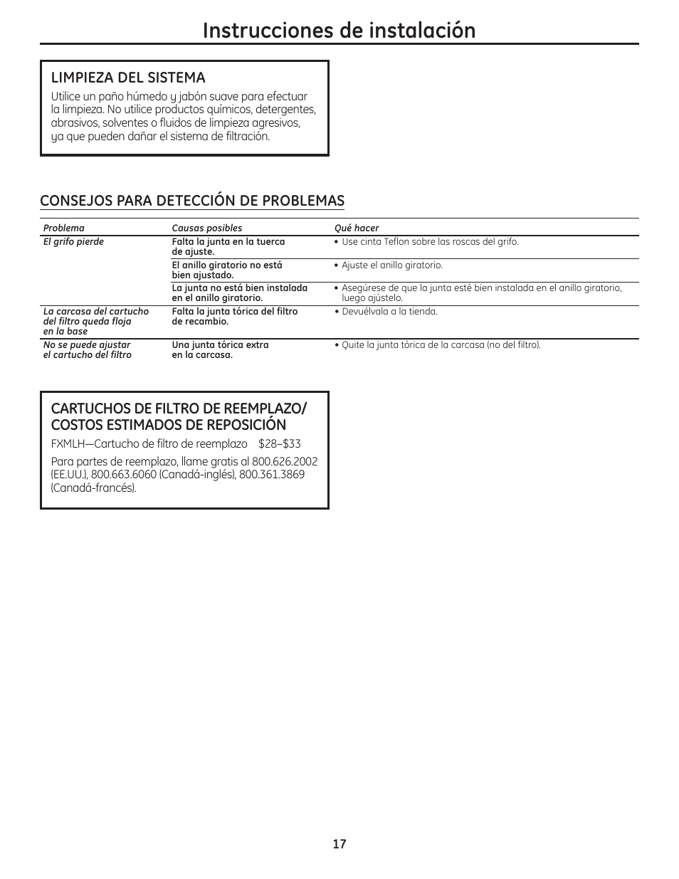 Instrucciones de instalación, Limpieza del sistema | GE GXFM07HBL User Manual | Page 17 / 20