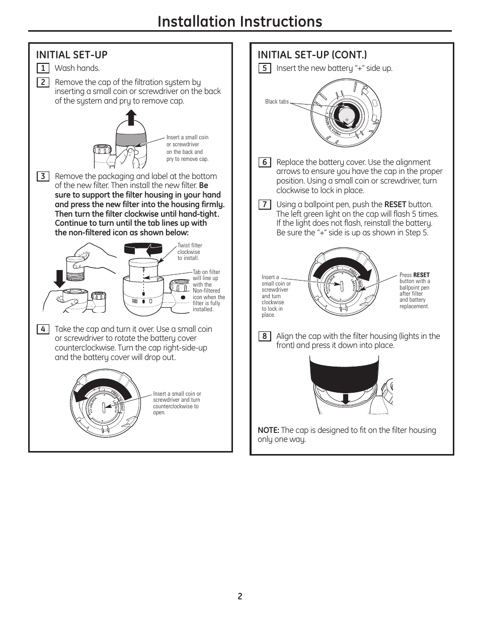 Installation instructions, Initial set-up (cont.), Initial set-up | GE GXFM07HBL User Manual | Page 2 / 20