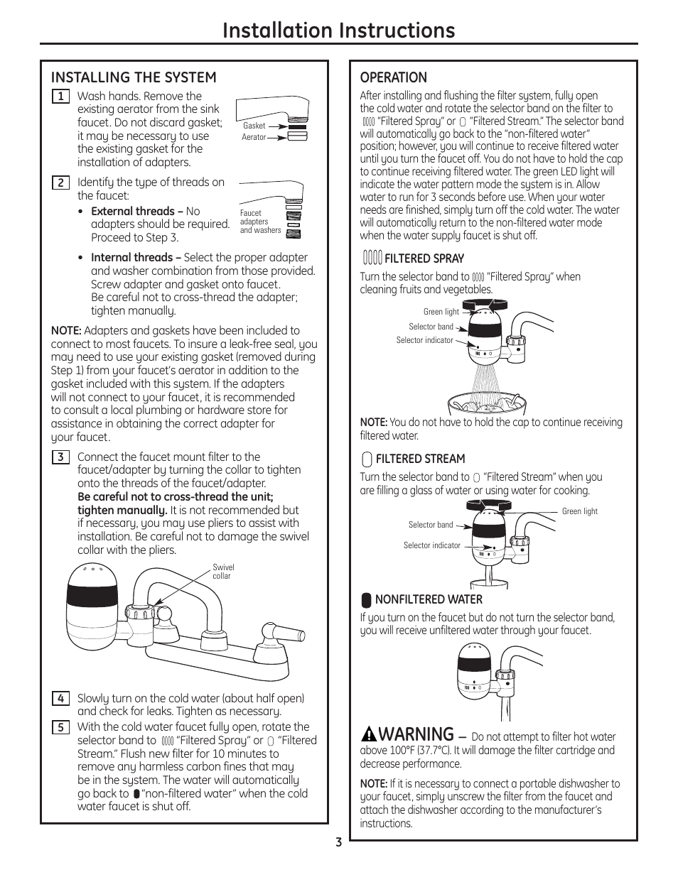 Installation instructions, Warning, Installing the system | Operation | GE GXFM07HBL User Manual | Page 3 / 20