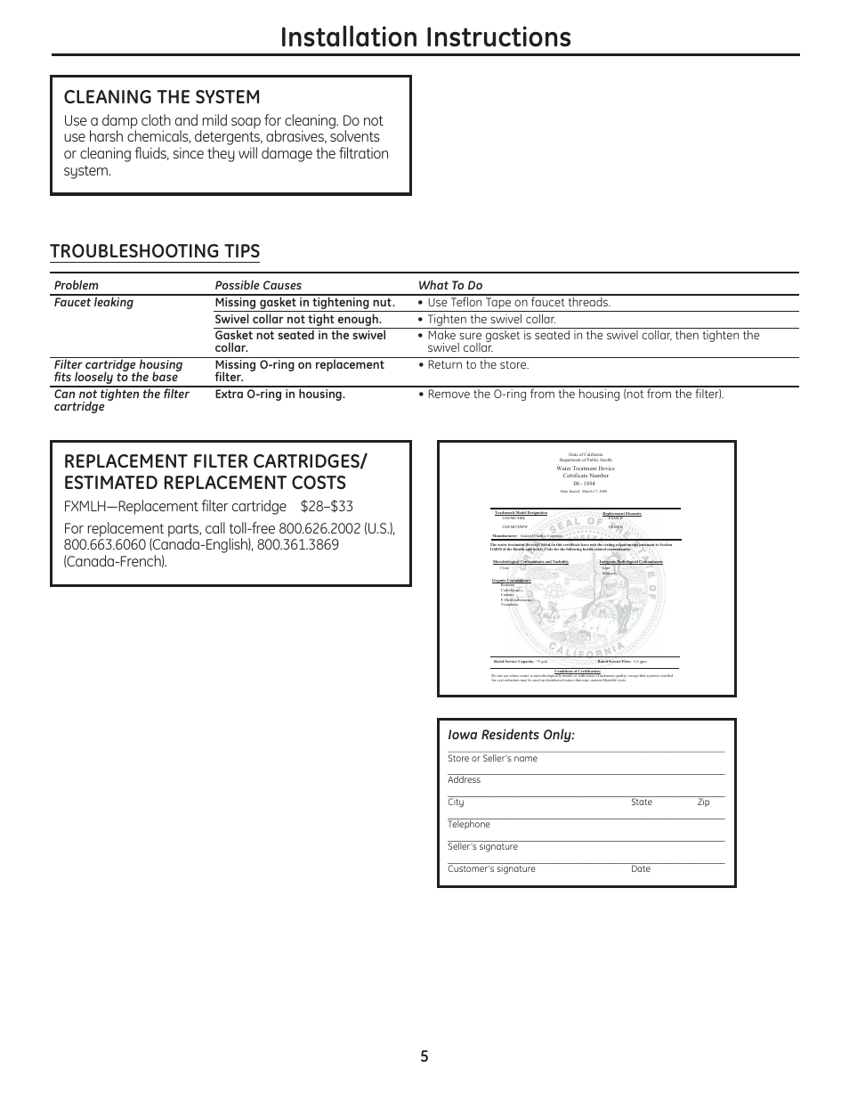 Installation instructions, Cleaning the system, Troubleshooting tips | Iowa residents only | GE GXFM07HBL User Manual | Page 5 / 20