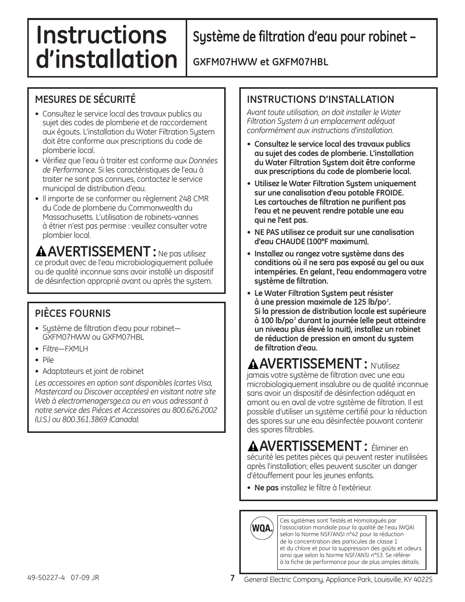 Instructions, D’installation, Avertissement | Système de filtration d’eau pour robinet | GE GXFM07HBL User Manual | Page 7 / 20