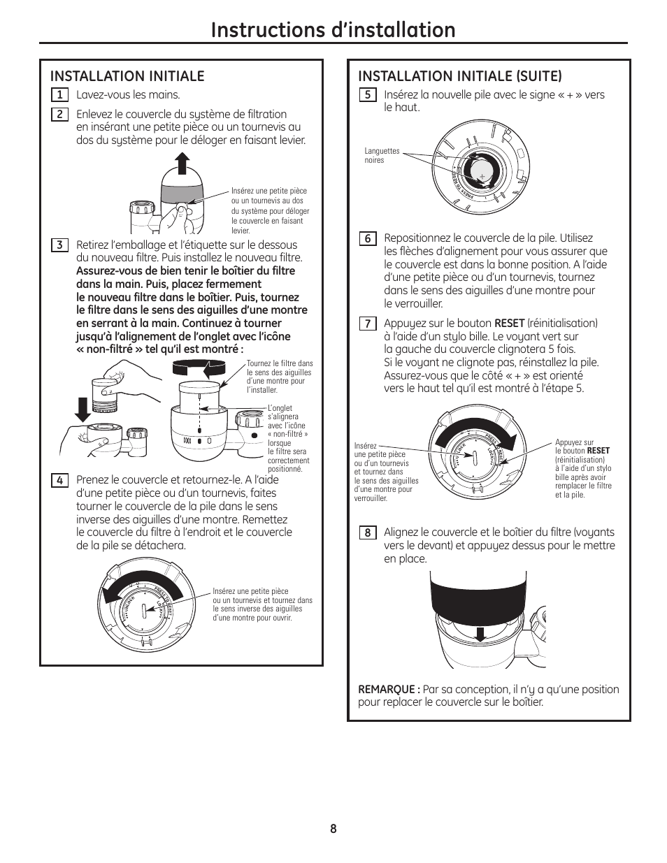 Instructions d’installation, Installation initiale (suite), Installation initiale | GE GXFM07HBL User Manual | Page 8 / 20