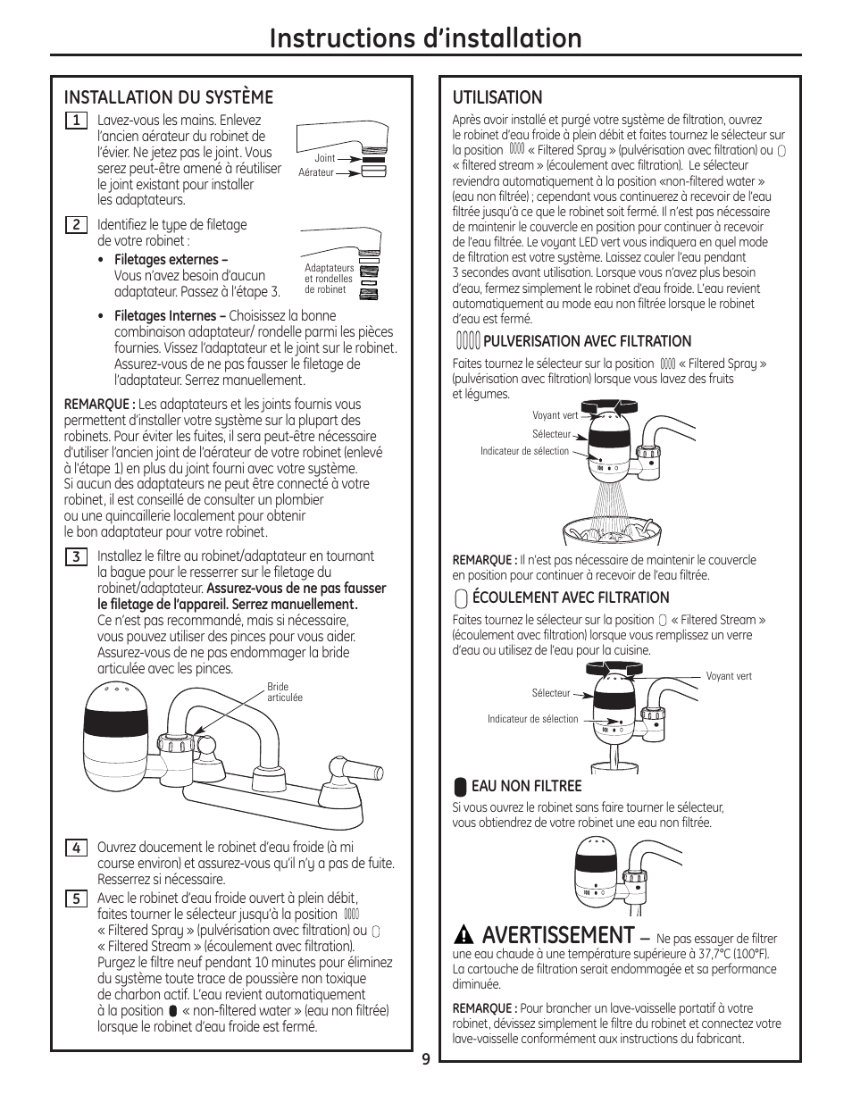 Instructions d’installation, Avertissement, Installation du système | Utilisation | GE GXFM07HBL User Manual | Page 9 / 20