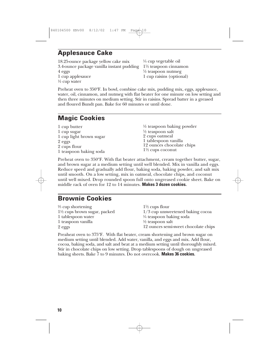 Applesauce cake, Magic cookies, Brownie cookies | GE 840104500 User Manual | Page 10 / 24