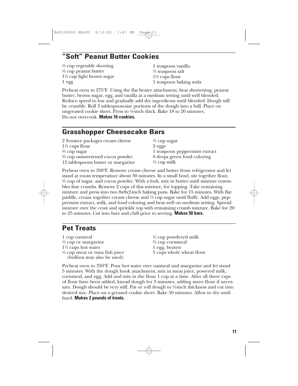 Soft” peanut butter cookies, Grasshopper cheesecake bars, Pet treats | GE 840104500 User Manual | Page 11 / 24