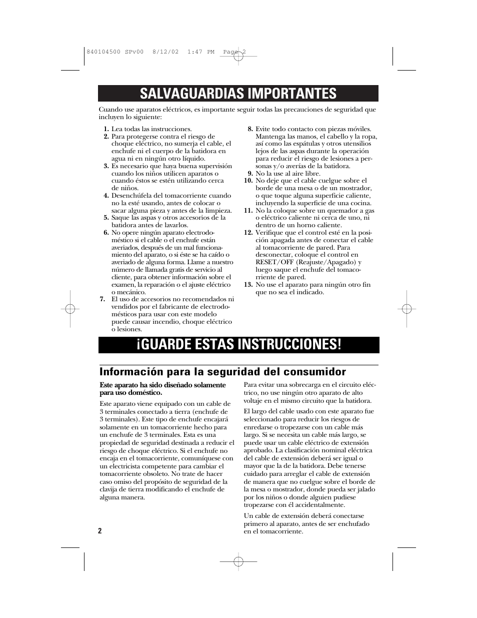 Información para la seguridad del consumidor | GE 840104500 User Manual | Page 14 / 24