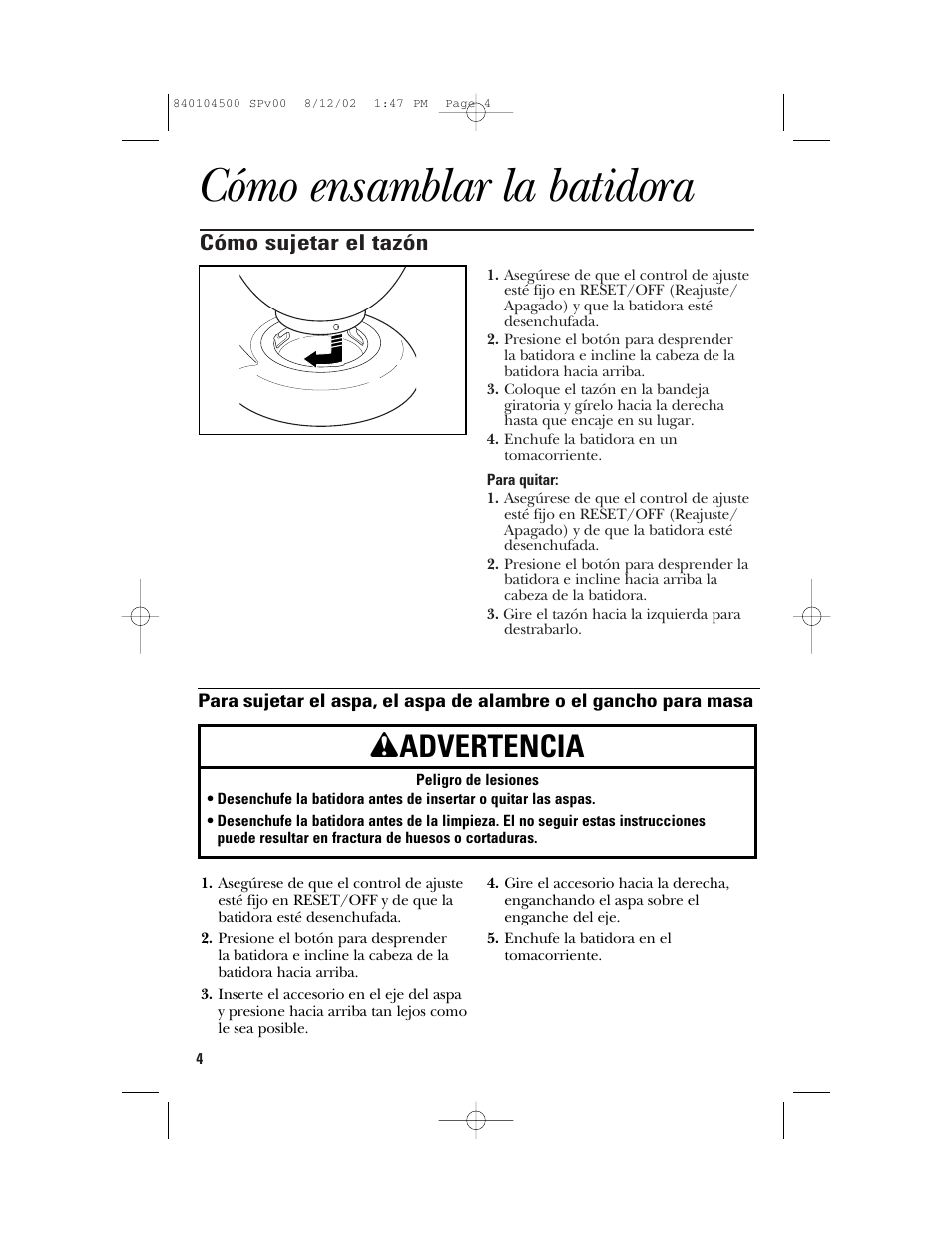 Cómo ensamblar la batidora, Wadvertencia, Cómo sujetar el tazón | GE 840104500 User Manual | Page 16 / 24