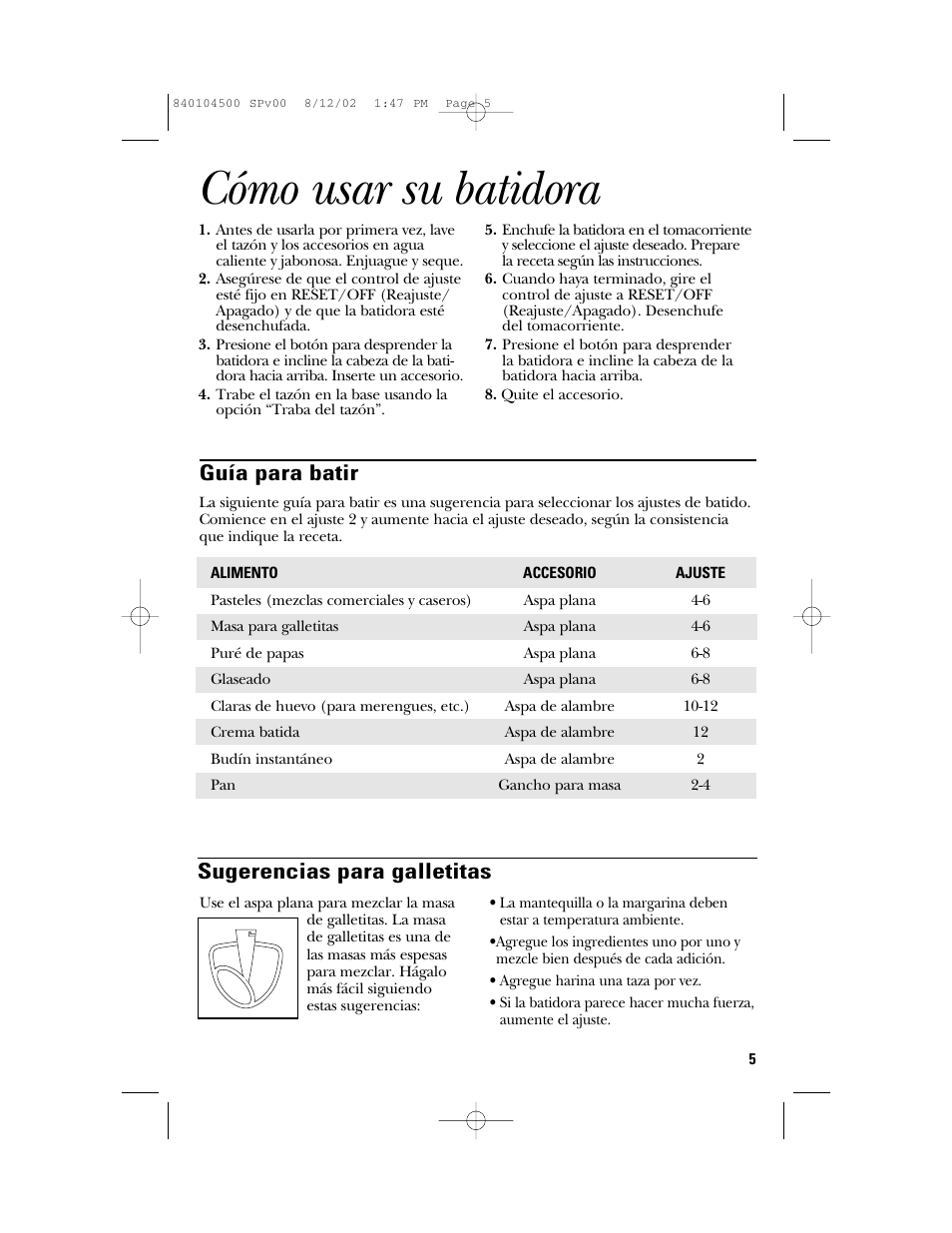 Cómo usar su batidora, Sugerencias para galletitas, Guía para batir | GE 840104500 User Manual | Page 17 / 24