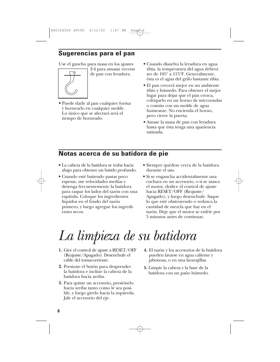 La limpieza de su batidora, Notas acerca de su batidora de pie, Sugerencias para el pan | GE 840104500 User Manual | Page 18 / 24