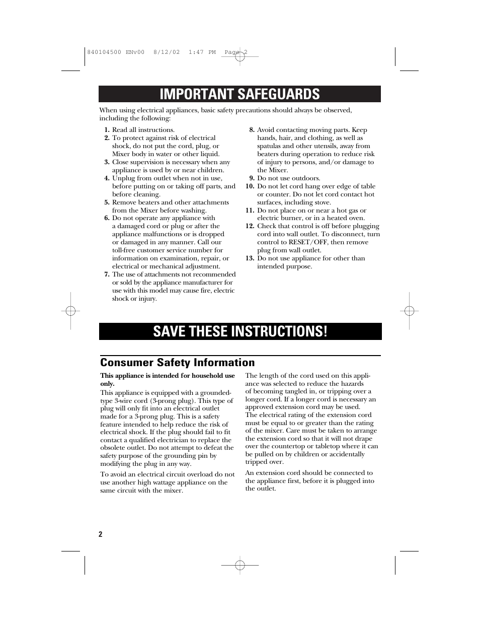 Important safeguards save these instructions, Consumer safety information | GE 840104500 User Manual | Page 2 / 24