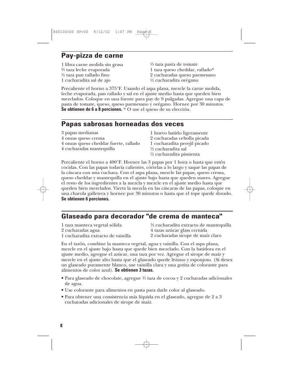 Pay-pizza de carne, Papas sabrosas horneadas dos veces, Glaseado para decorador "de crema de manteca | GE 840104500 User Manual | Page 20 / 24