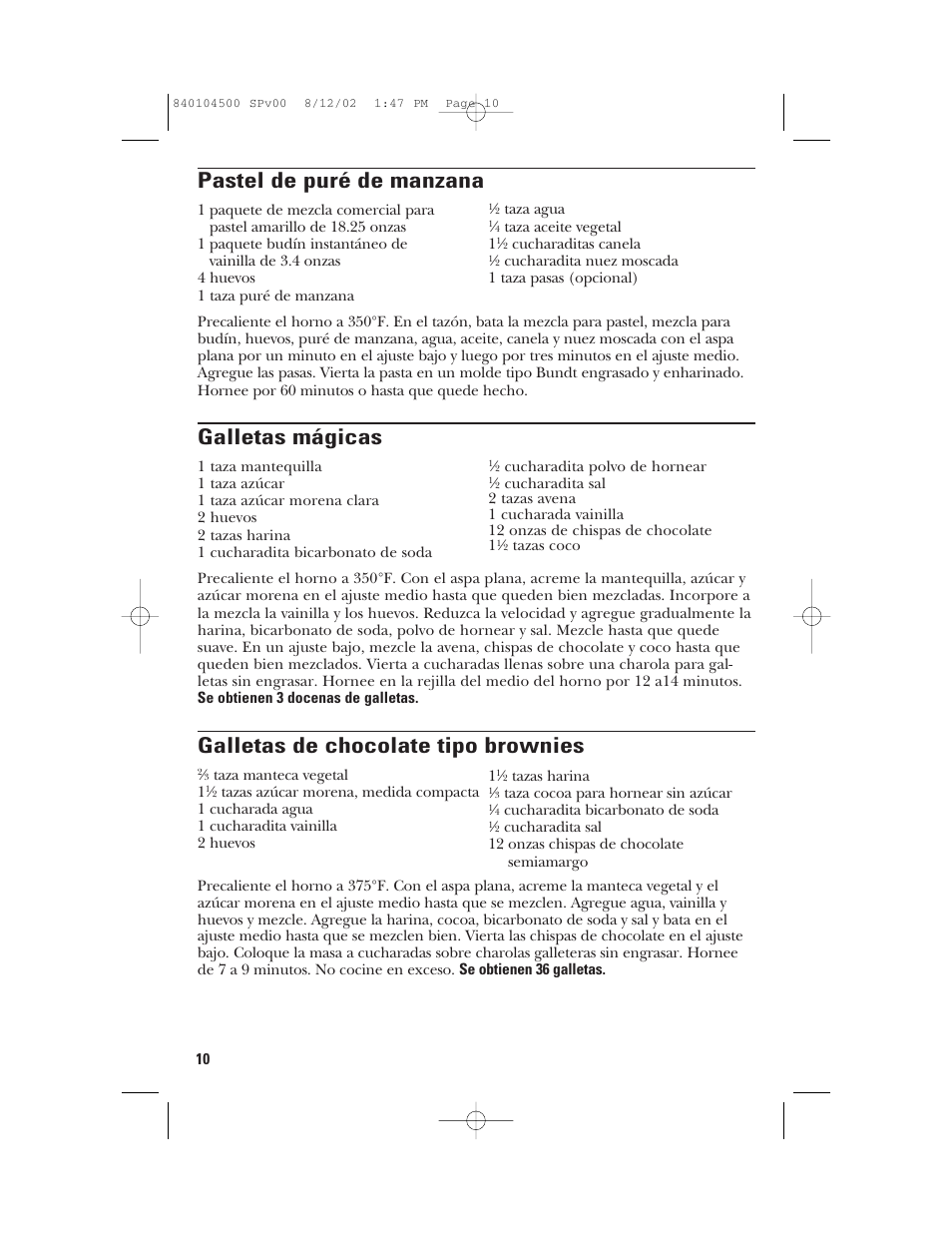 Pastel de puré de manzana, Galletas mágicas, Galletas de chocolate tipo brownies | GE 840104500 User Manual | Page 22 / 24