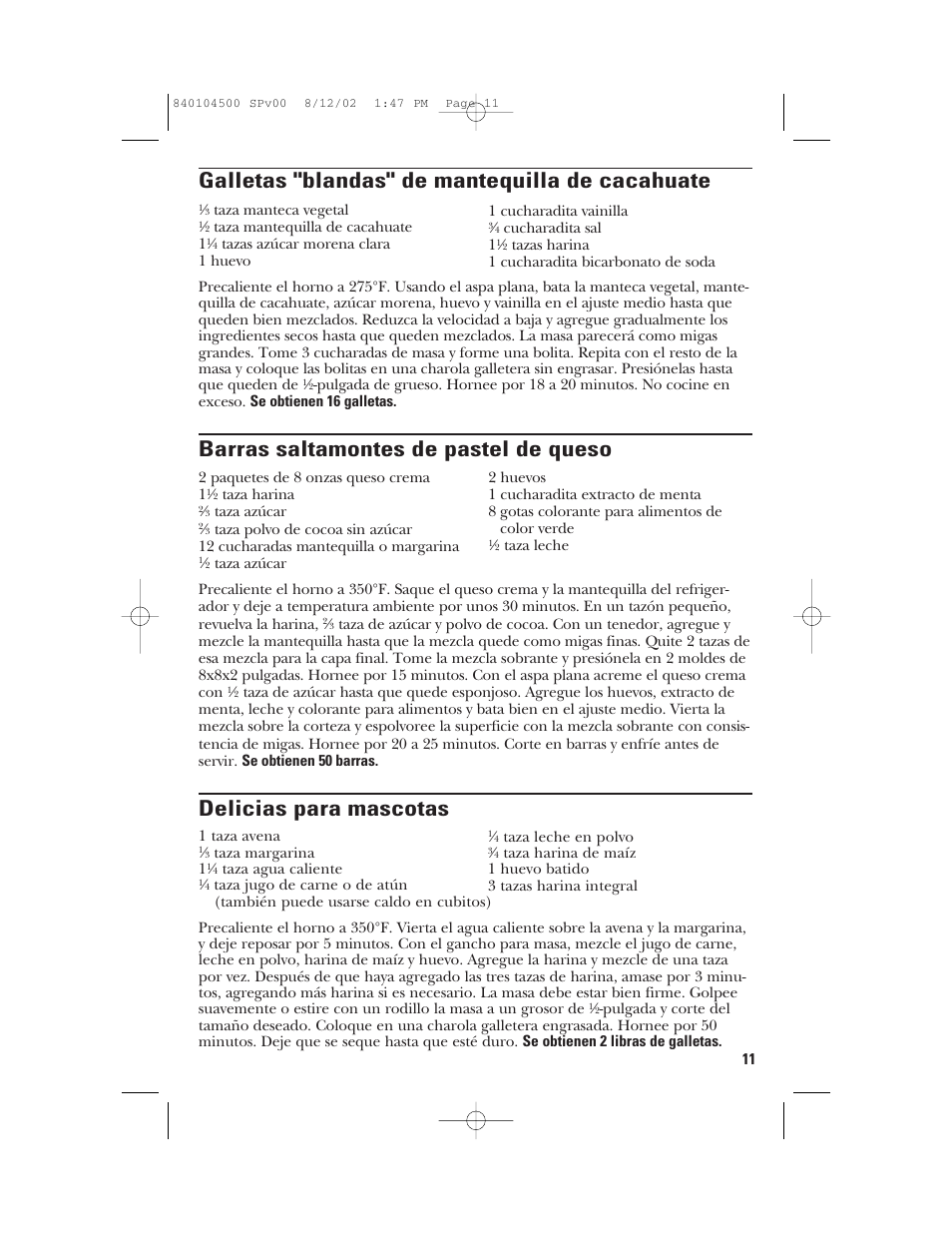 Galletas "blandas" de mantequilla de cacahuate, Barras saltamontes de pastel de queso, Delicias para mascotas | GE 840104500 User Manual | Page 23 / 24