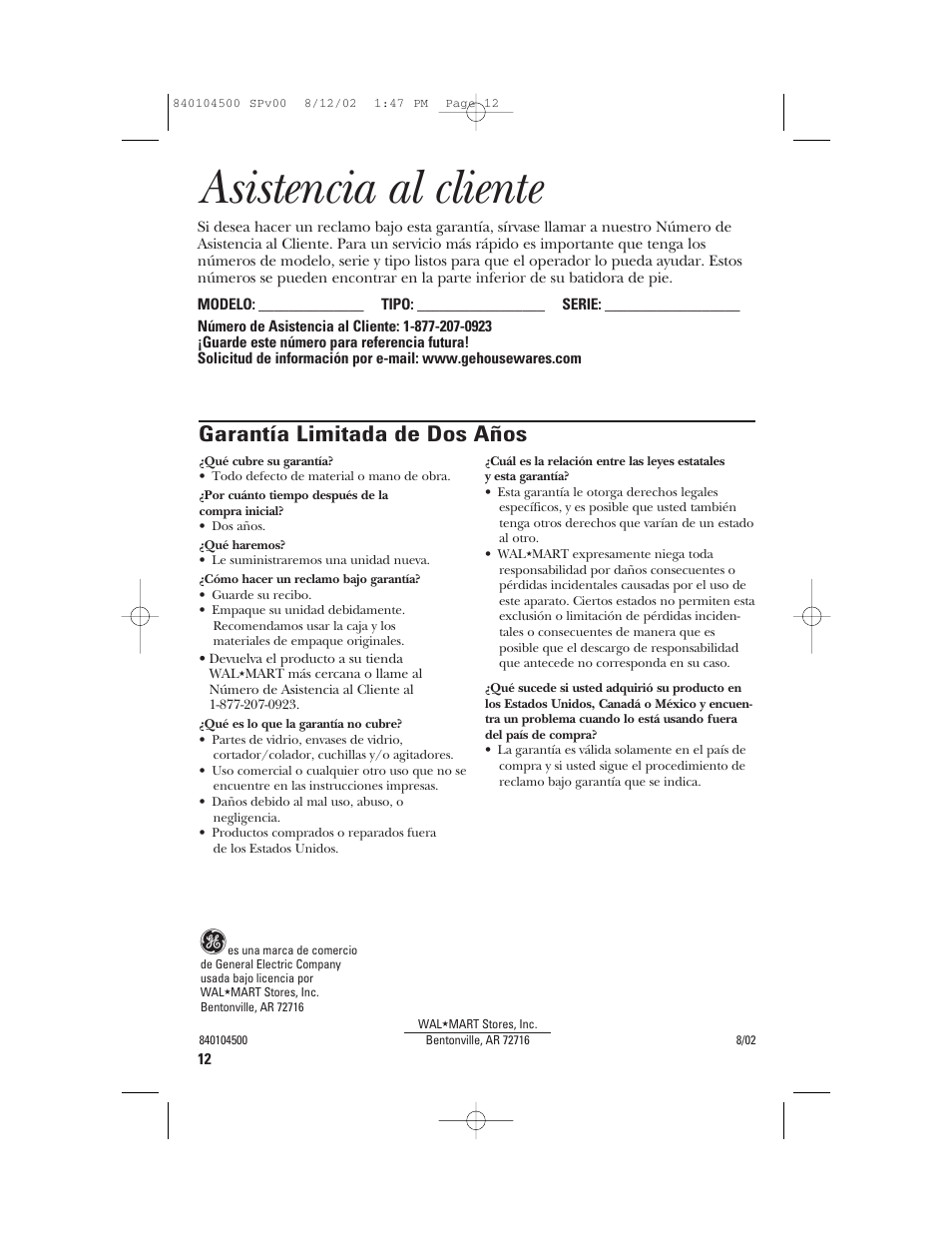 Asistencia al cliente, Garantía limitada de dos años | GE 840104500 User Manual | Page 24 / 24