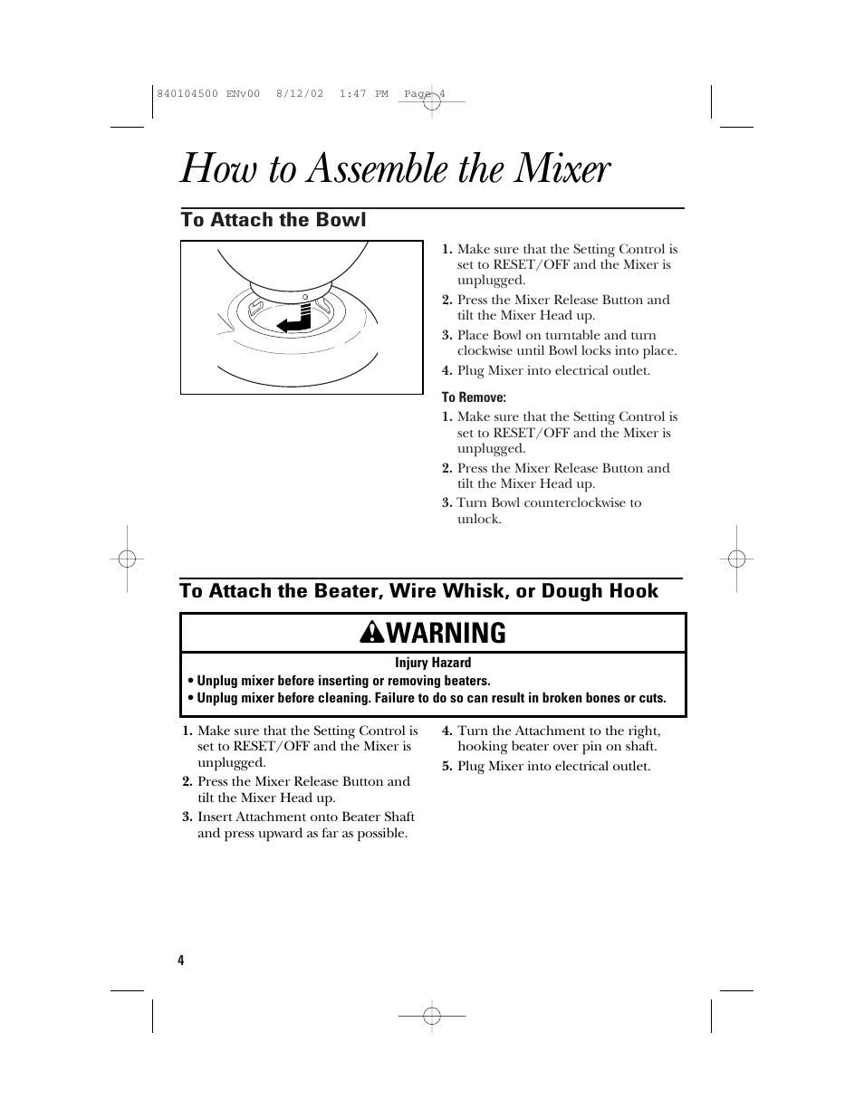 How to assemble the mixer, Wwarning | GE 840104500 User Manual | Page 4 / 24