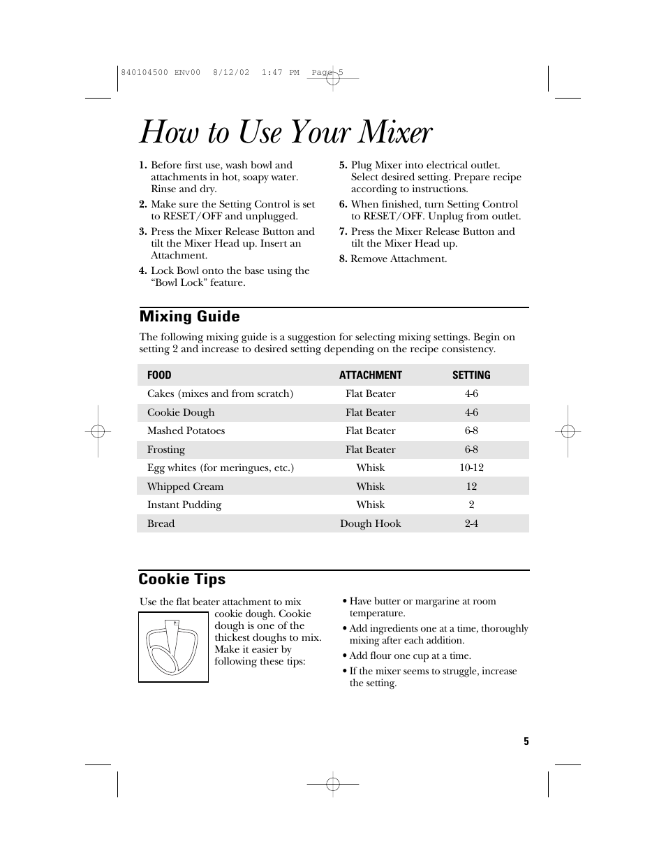 How to use your mixer, Cookie tips, Mixing guide | GE 840104500 User Manual | Page 5 / 24