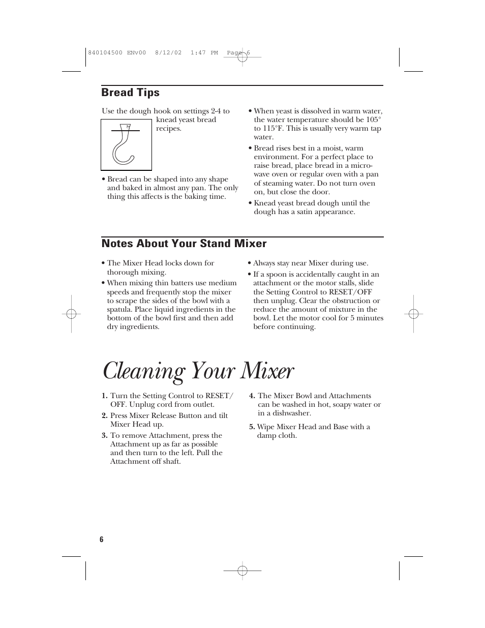 Cleaning your mixer, Bread tips | GE 840104500 User Manual | Page 6 / 24