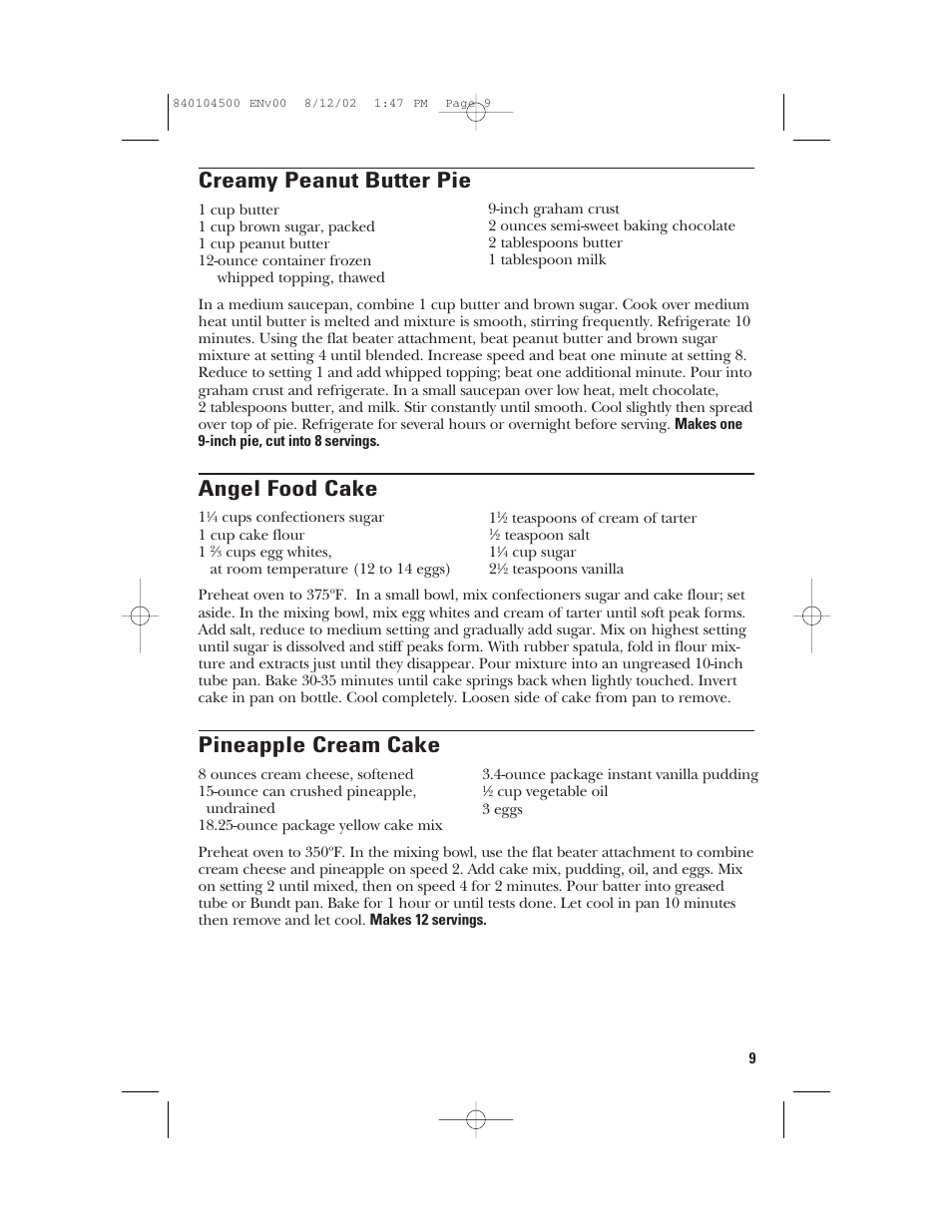 Creamy peanut butter pie, Angel food cake, Pineapple cream cake | GE 840104500 User Manual | Page 9 / 24