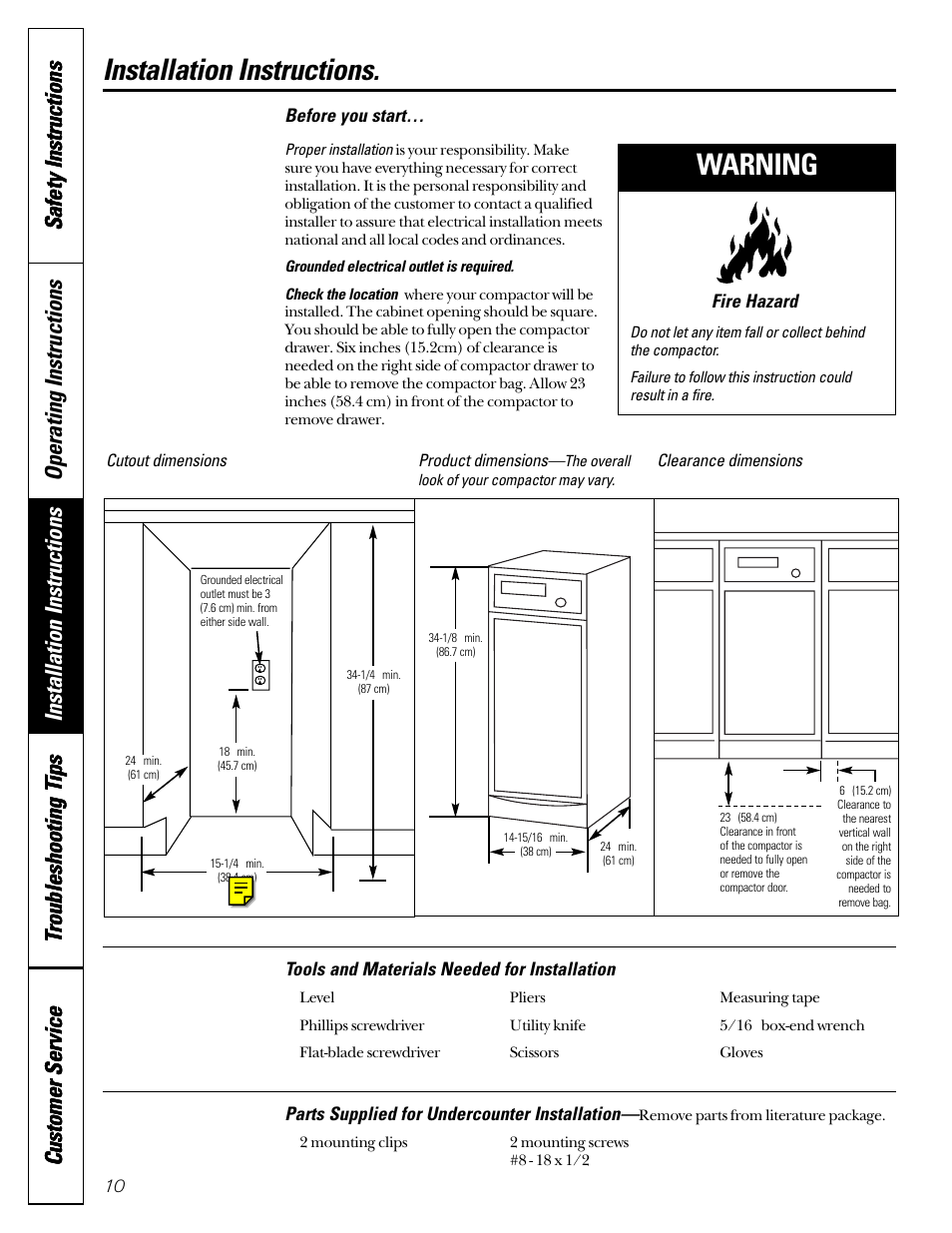 Before you start, Installation instructions, Warning | GE GCG1520 User Manual | Page 10 / 20