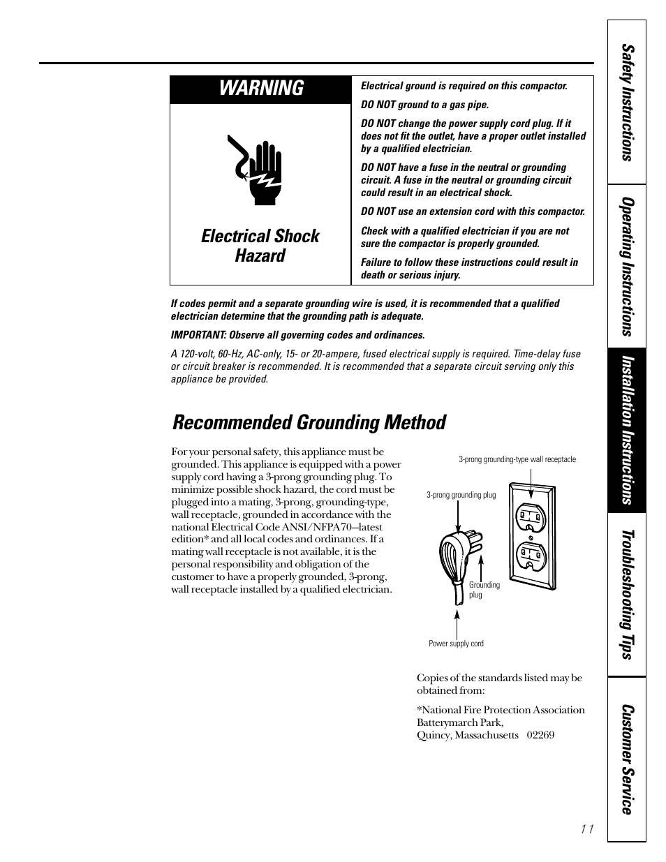 Warning, Recommended grounding method, Electrical shock hazard | GE GCG1520 User Manual | Page 11 / 20