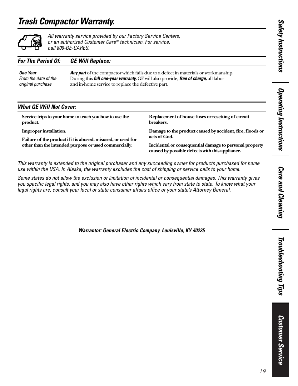 Warranty, Trash compactor warranty | GE GCG1520 User Manual | Page 19 / 20