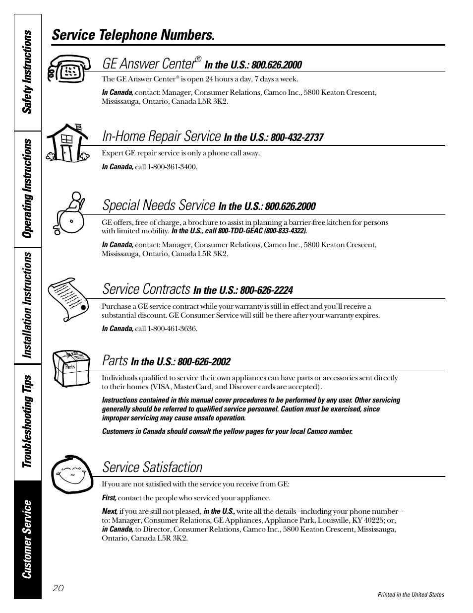 Service telephone numbers, Service telephone numbers. ge answer center, In-home repair service | Special needs service, Service contracts, Parts, Service satisfaction | GE GCG1520 User Manual | Page 20 / 20