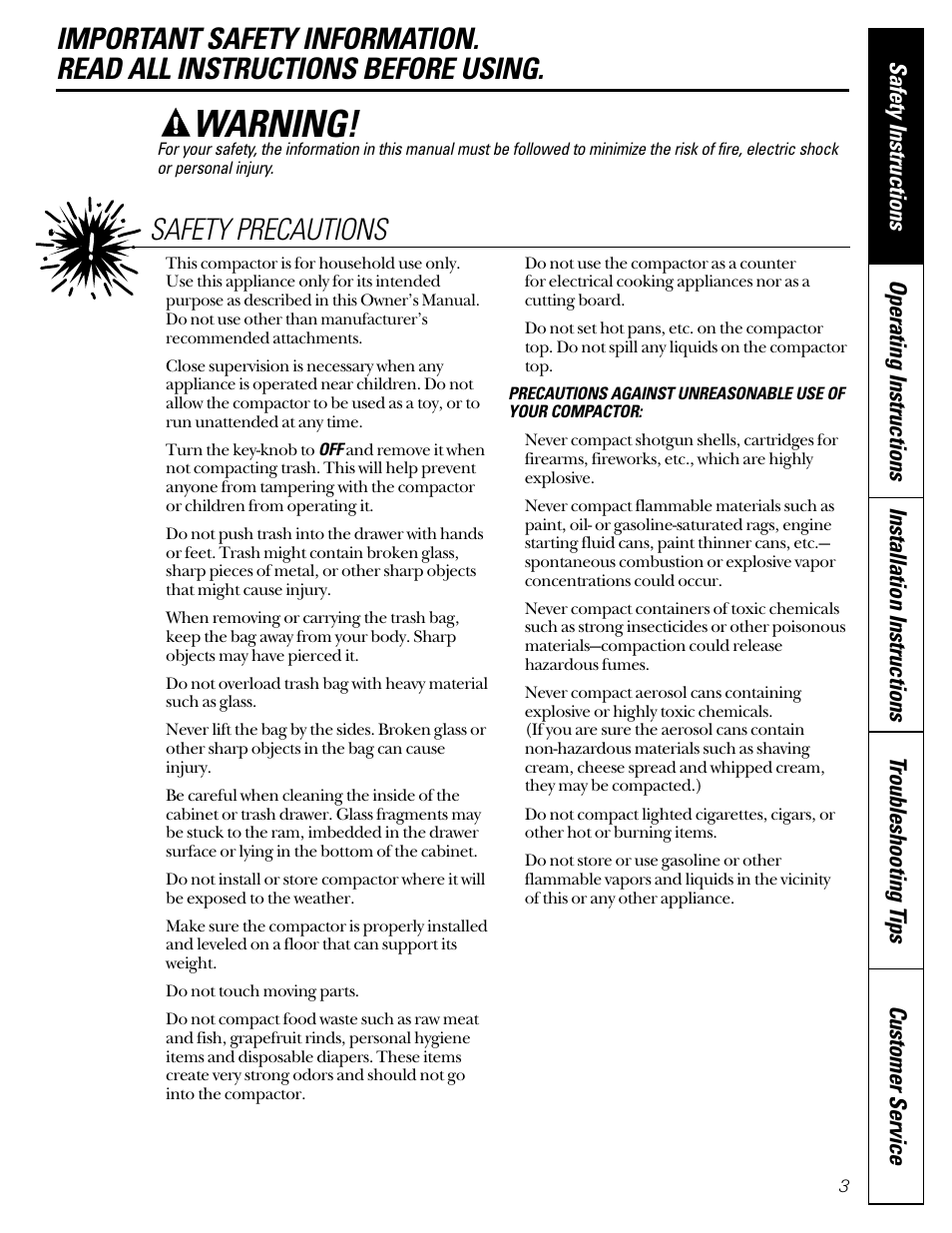 Safety precautions, Safety precautions , 4, Warning | GE GCG1520 User Manual | Page 3 / 20