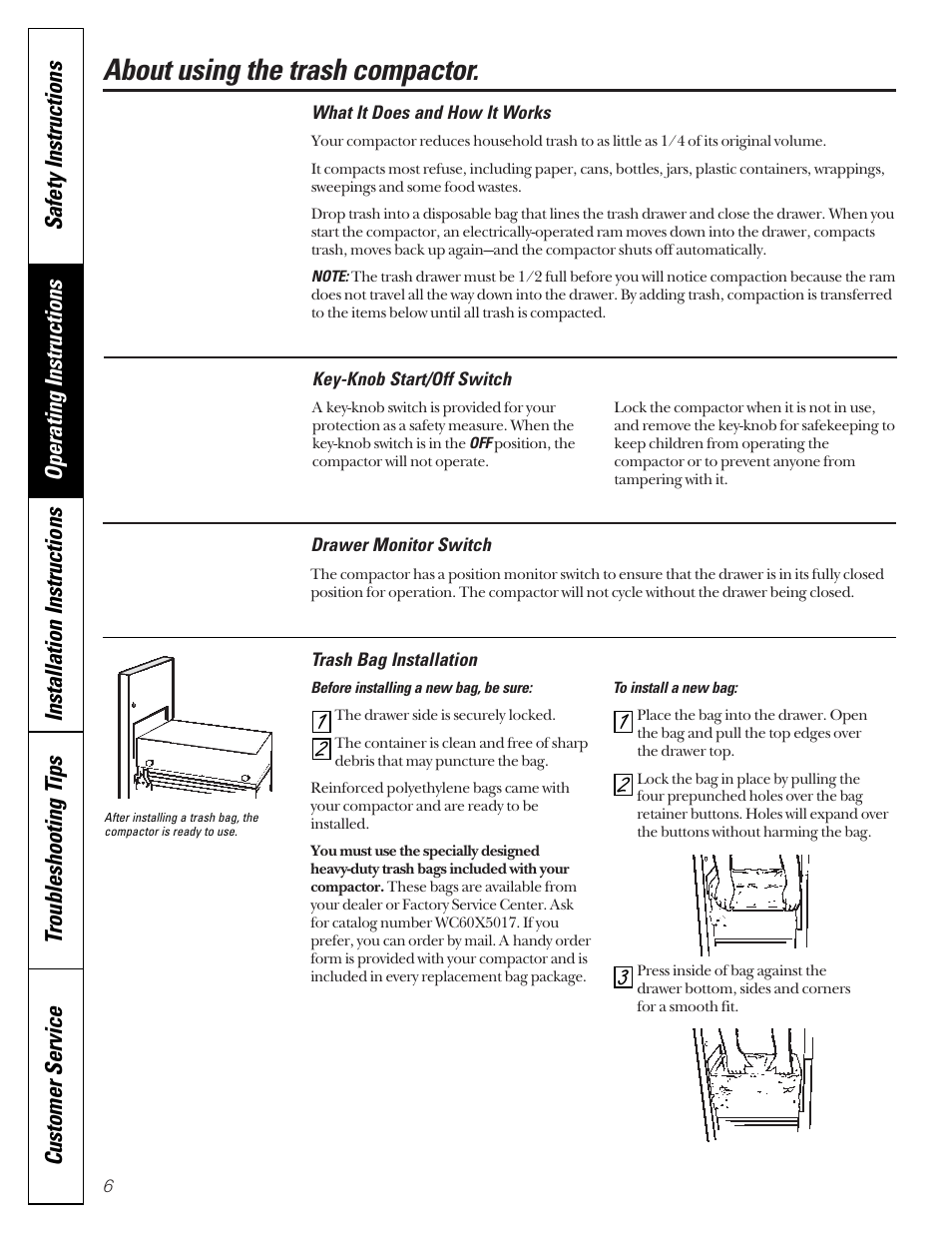 Using the compactor, Trash bag installation, Using the compactor trash bag installation | About using the trash compactor | GE GCG1520 User Manual | Page 6 / 20