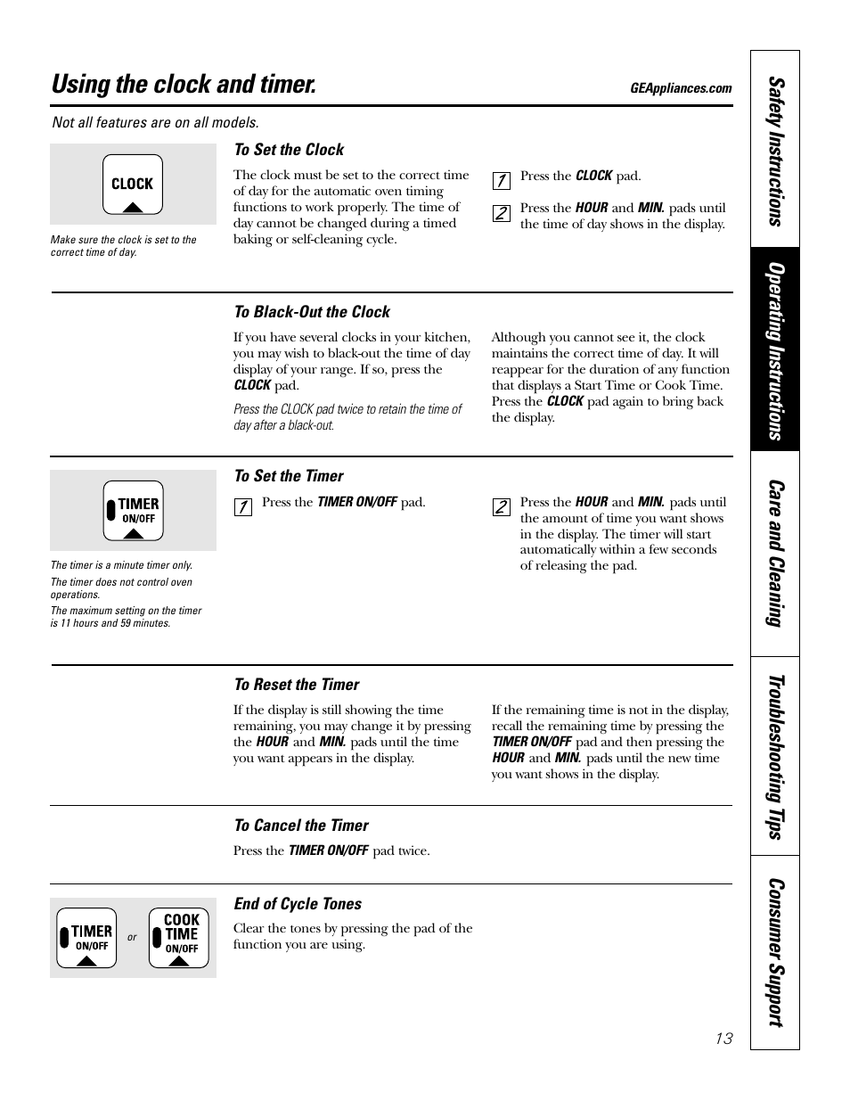 Clock and timer, Using the clock and timer | GE EER3002 User Manual | Page 13 / 32