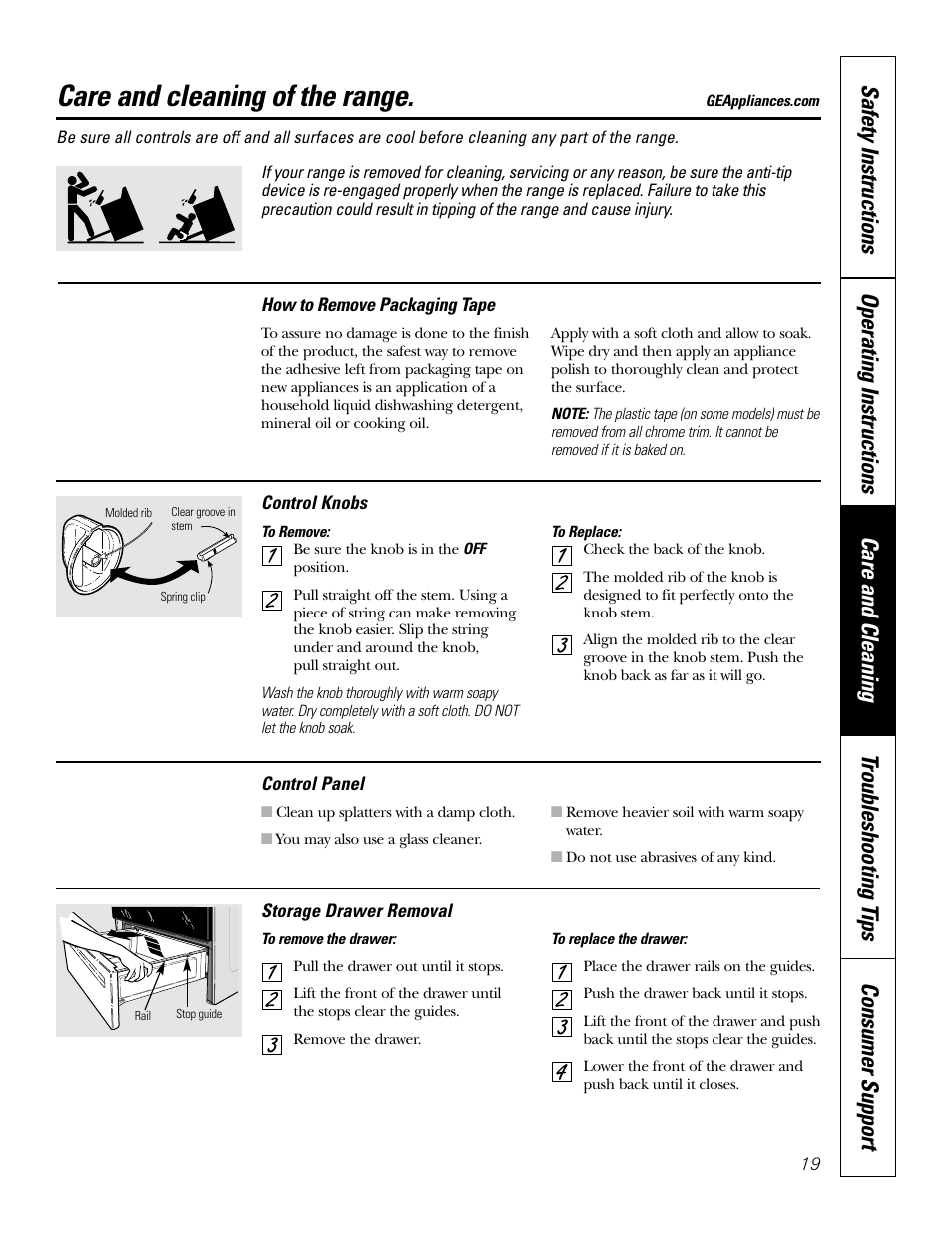 Control knobs, Care and cleaning of the range | GE EER3002 User Manual | Page 19 / 32