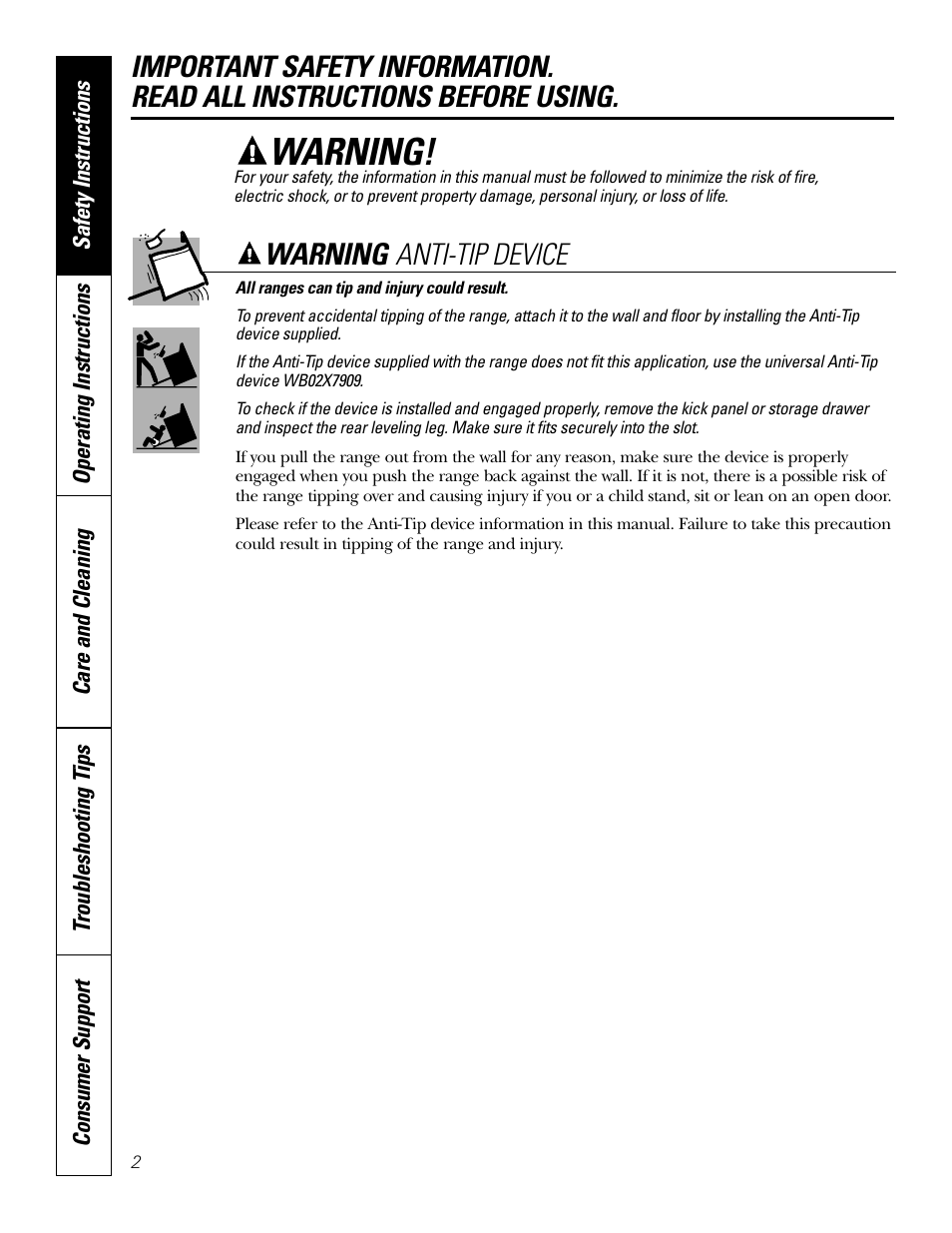 Safety instructions, Warning, Anti-tip device | GE EER3002 User Manual | Page 2 / 32