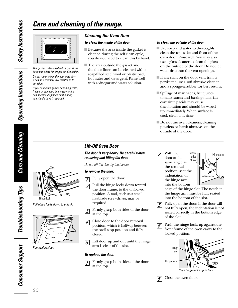 Lift-off oven door, Care and cleaning of the range | GE EER3002 User Manual | Page 20 / 32