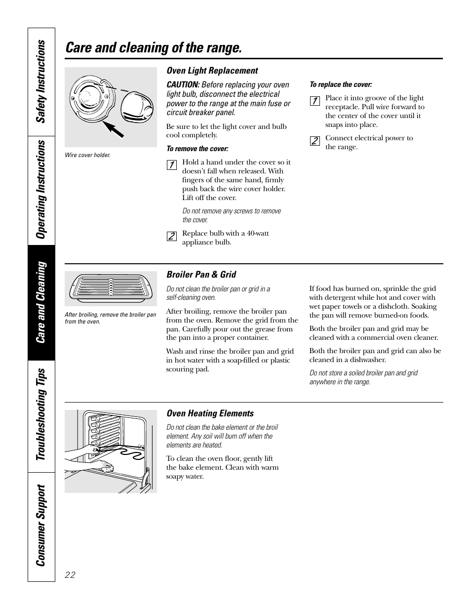 Broiler pan & grid, Light, Care and cleaning of the range | GE EER3002 User Manual | Page 22 / 32