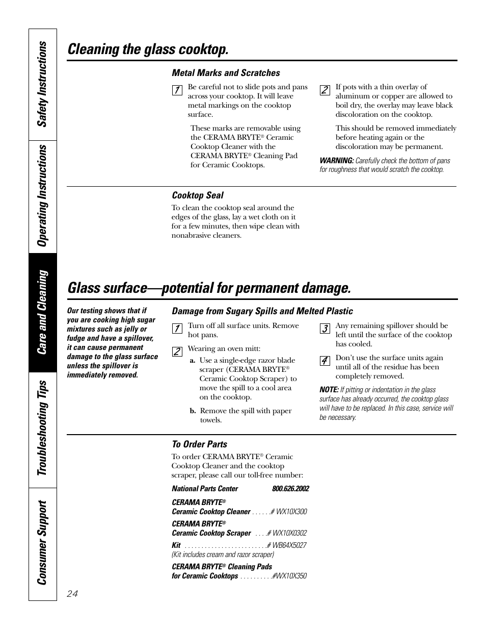 Cleaning the glass cooktop, Glass surface—potential for permanent damage | GE EER3002 User Manual | Page 24 / 32