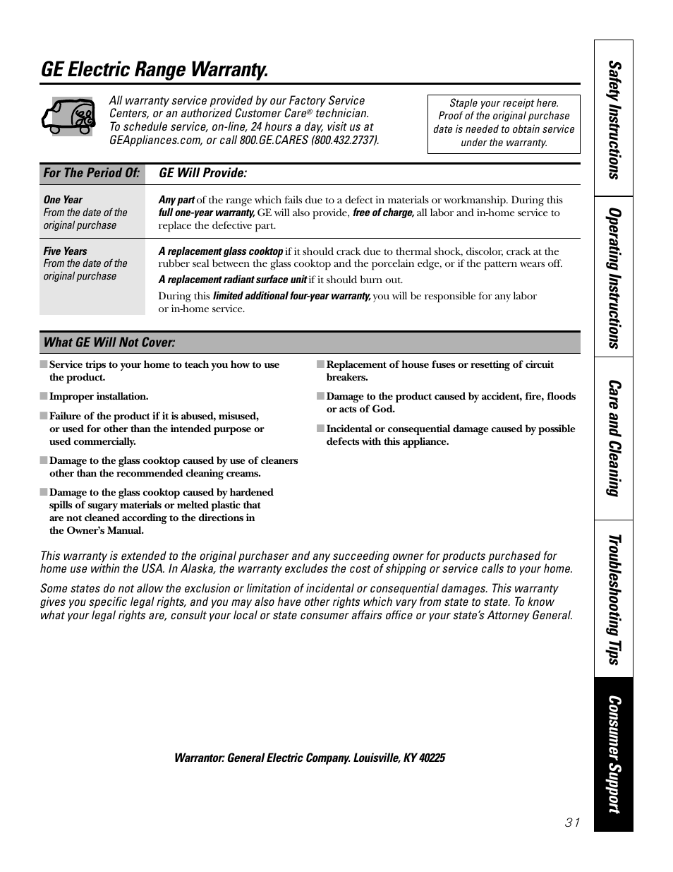 Warranty, Ge electric range warranty | GE EER3002 User Manual | Page 31 / 32