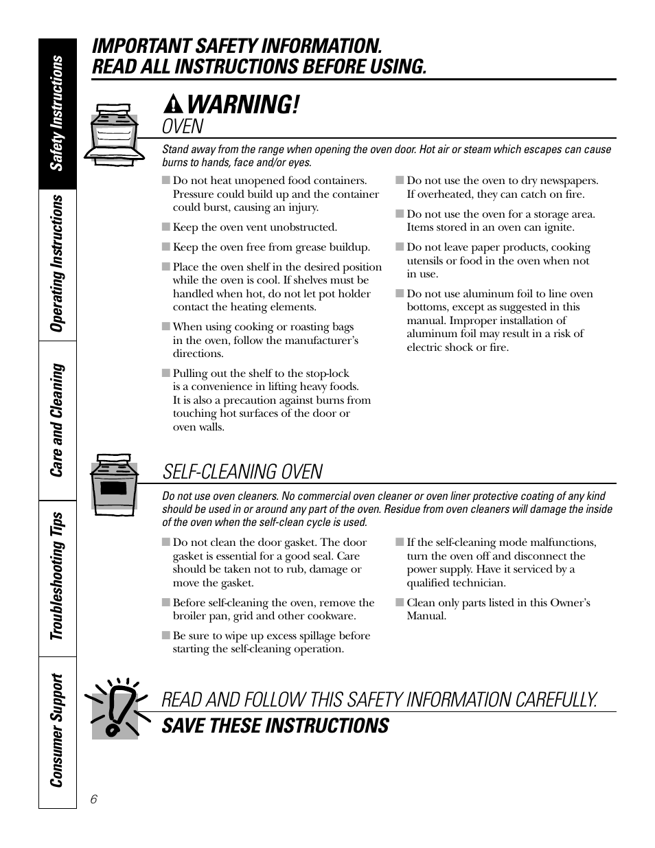 Warning, Self-cleaning oven | GE EER3002 User Manual | Page 6 / 32