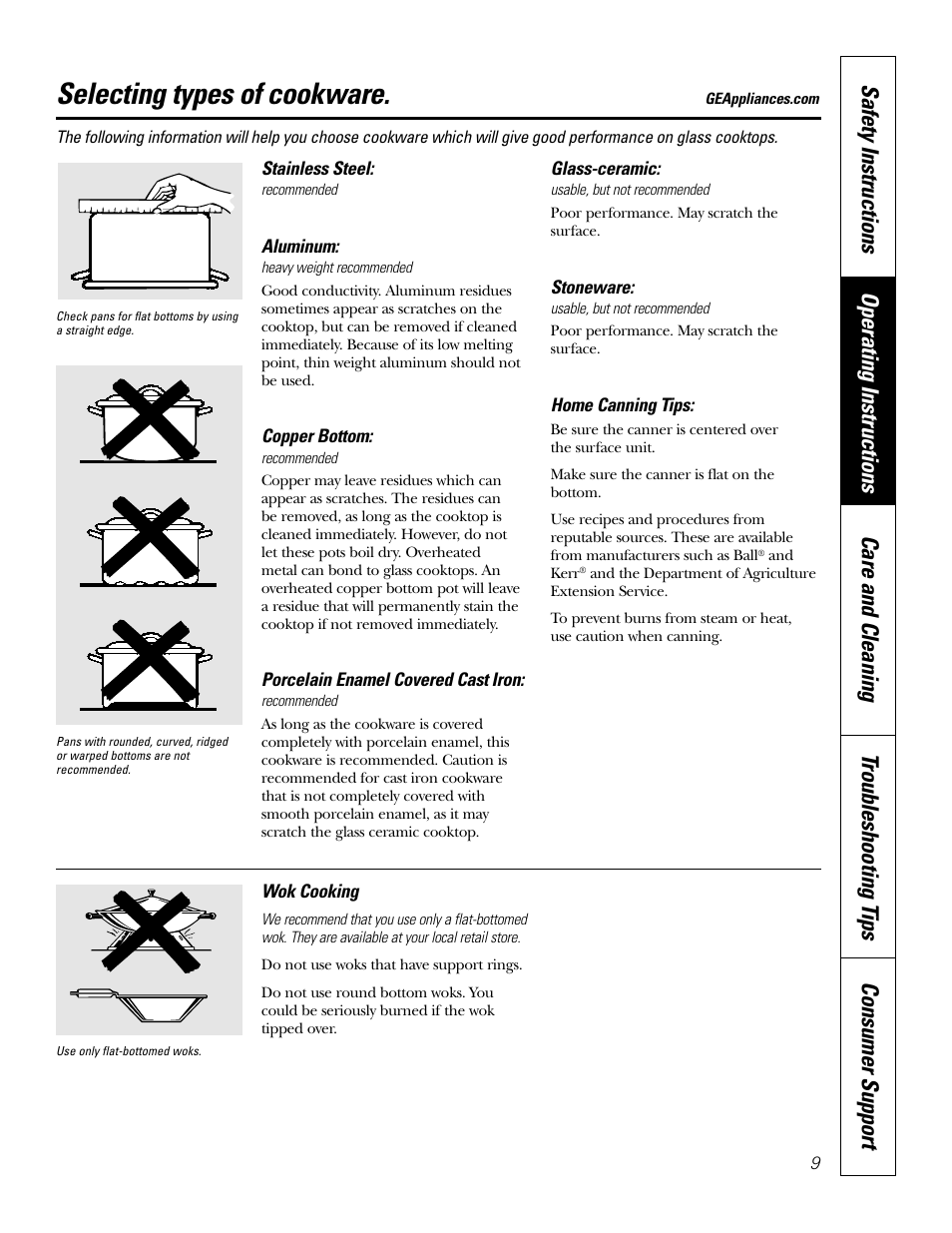Selecting types of cookware | GE EER3002 User Manual | Page 9 / 32