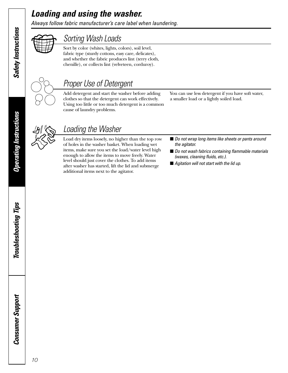 Loading and using the washer, Loading and using the washer , 11, Sorting wash loads | Proper use of detergent, Loading the washer | GE EWA4500 User Manual | Page 10 / 16