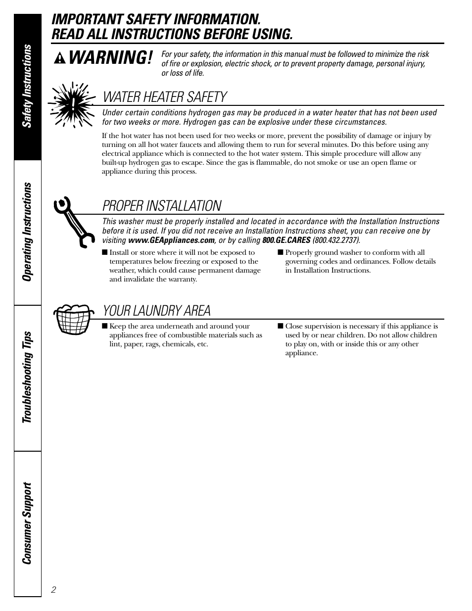 Safety instructions, Warning, Water heater safety | Proper installation, Your laundry area | GE EWA4500 User Manual | Page 2 / 16