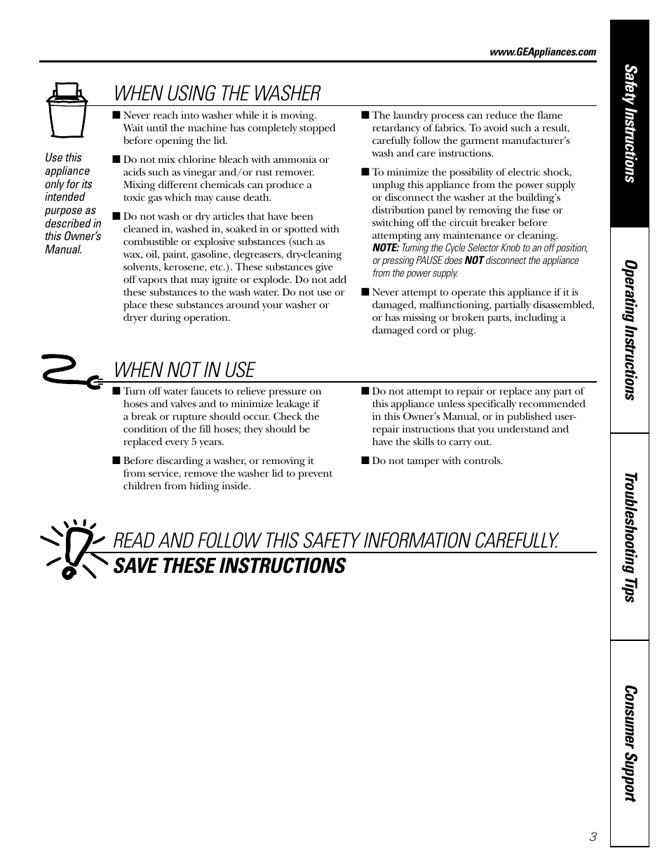 When using the washer, When not in use | GE EWA4500 User Manual | Page 3 / 16