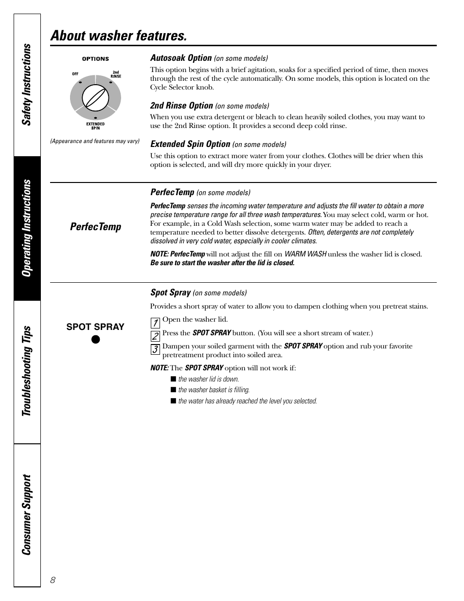 Features, Features , 9, About washer features | GE EWA4500 User Manual | Page 8 / 16