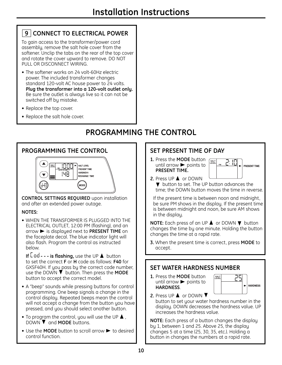 Installation instructions, Programming the control, Connect to electrical power | Set present time of day, Set water hardness number | GE GXSF4OH User Manual | Page 10 / 64