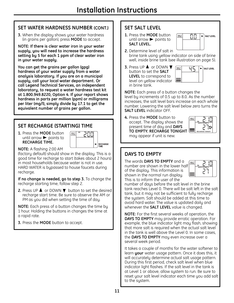 Installation instructions, Set water hardness number, Set recharge (starting) time | Set salt level, Days to empty, Cont.) | GE GXSF4OH User Manual | Page 11 / 64