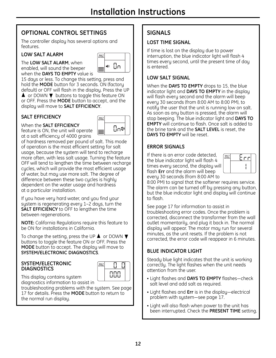 Installation instructions, Optional control settings, Signals | GE GXSF4OH User Manual | Page 12 / 64