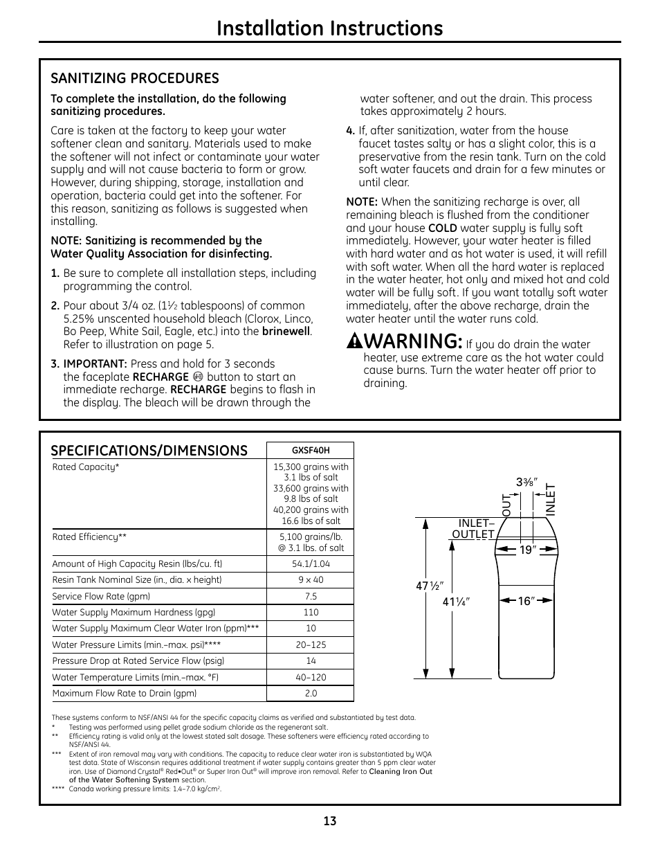 Installation instructions, Warning, Specifications/dimensions | Sanitizing procedures | GE GXSF4OH User Manual | Page 13 / 64