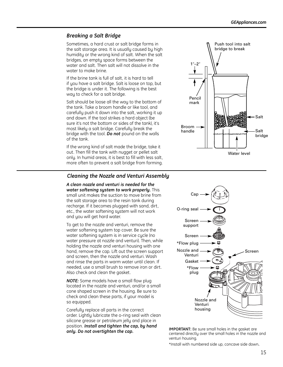 Breaking a salt bridge, Cleaning the nozzle and venturi assembly | GE GXSF4OH User Manual | Page 15 / 64