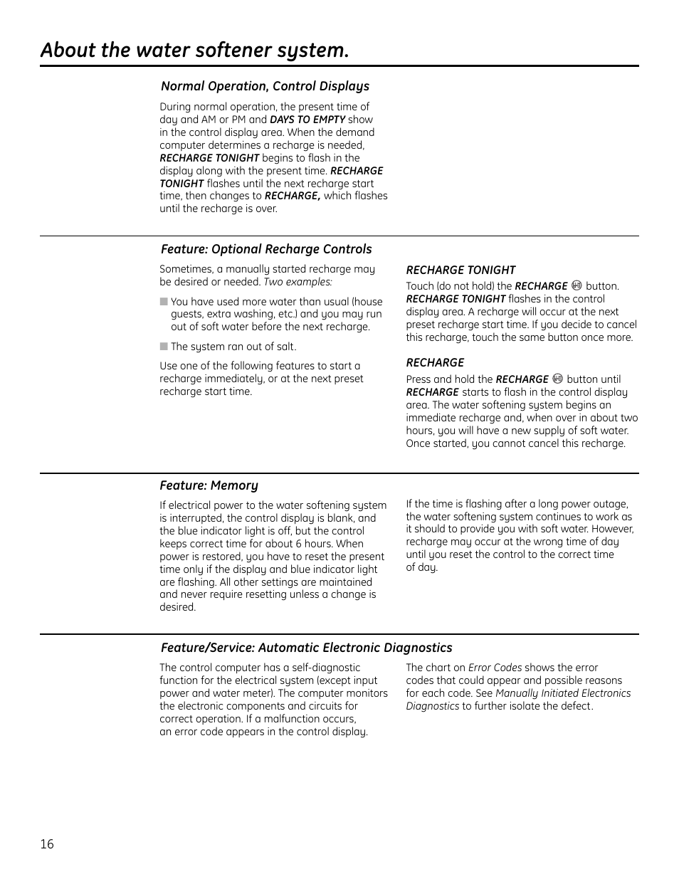 Features, About the water softener system | GE GXSF4OH User Manual | Page 16 / 64