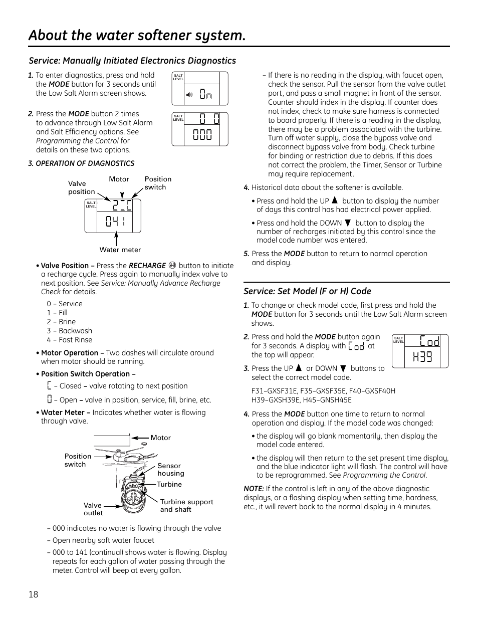 About the water softener system, Service: set model (f or h) code | GE GXSF4OH User Manual | Page 18 / 64